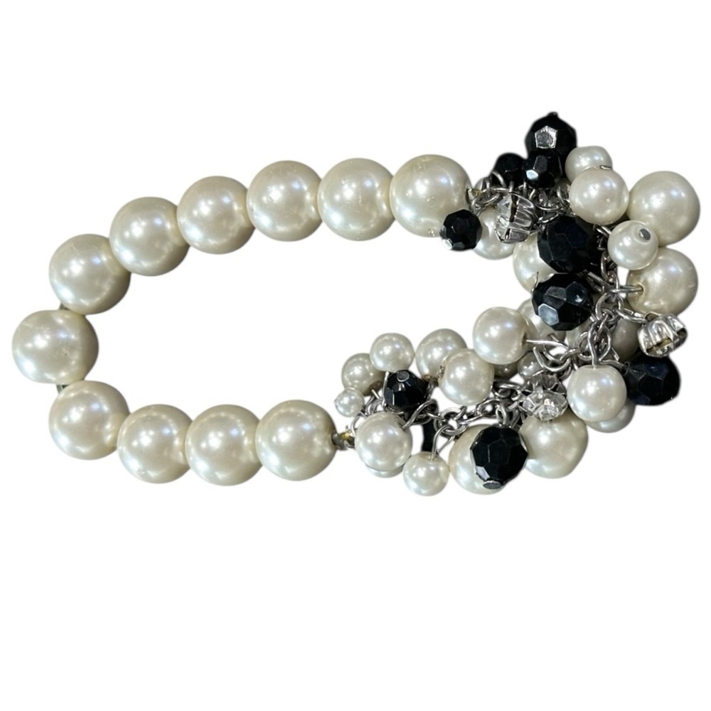 Faux Pearl Black Bead and Cubic Zirconia Cha Cha Stretch Bracelet